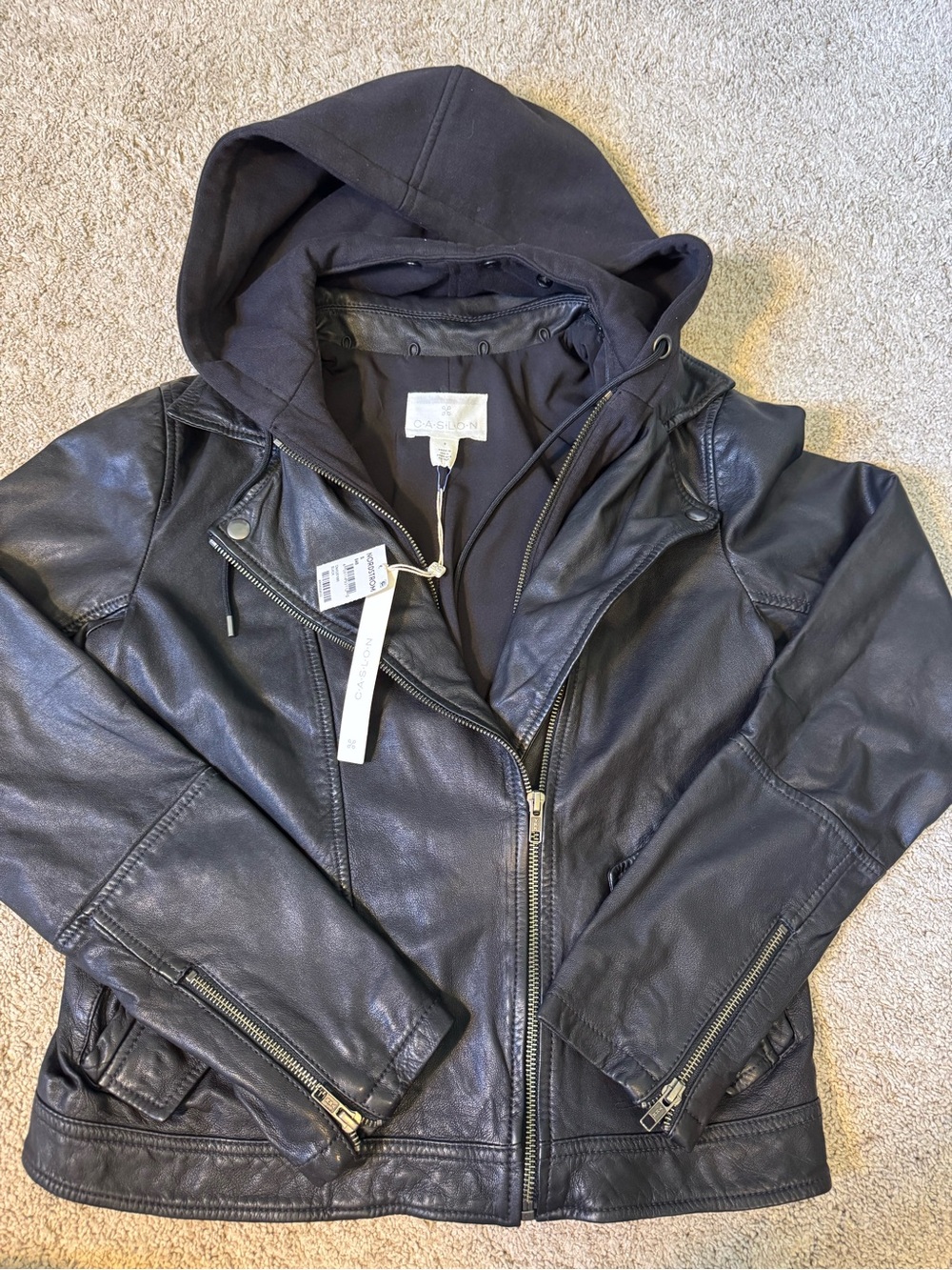 Caslon Leather Moto Jacket with Removable Hood